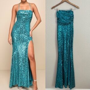 Glowing Praise Teal Blue Sequin Lace-Up Maxi Dress